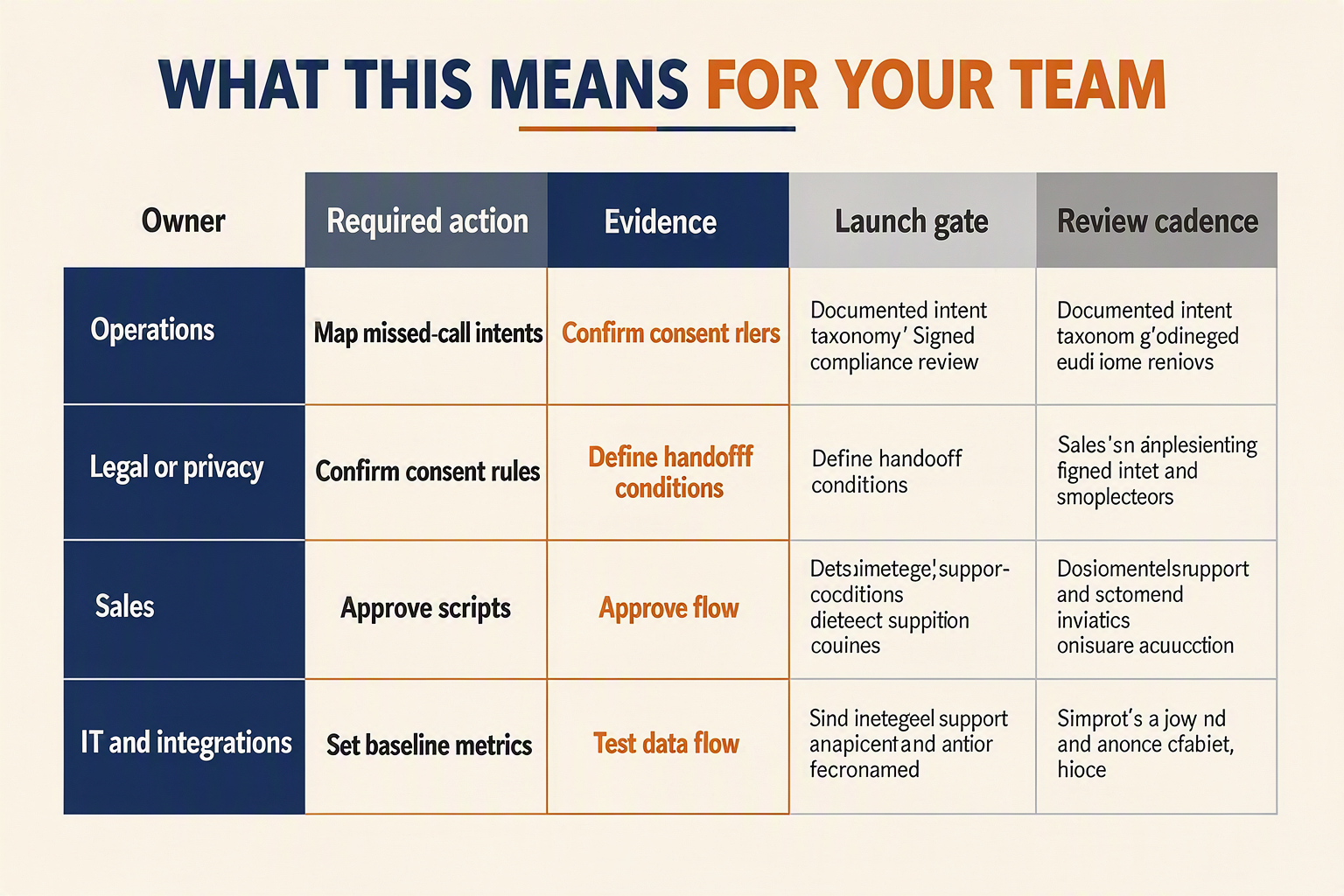 A practical readiness matrix titled WHAT THIS MEANS FOR YOUR TEAM with columns labelled Owner, Required action, Evidence,