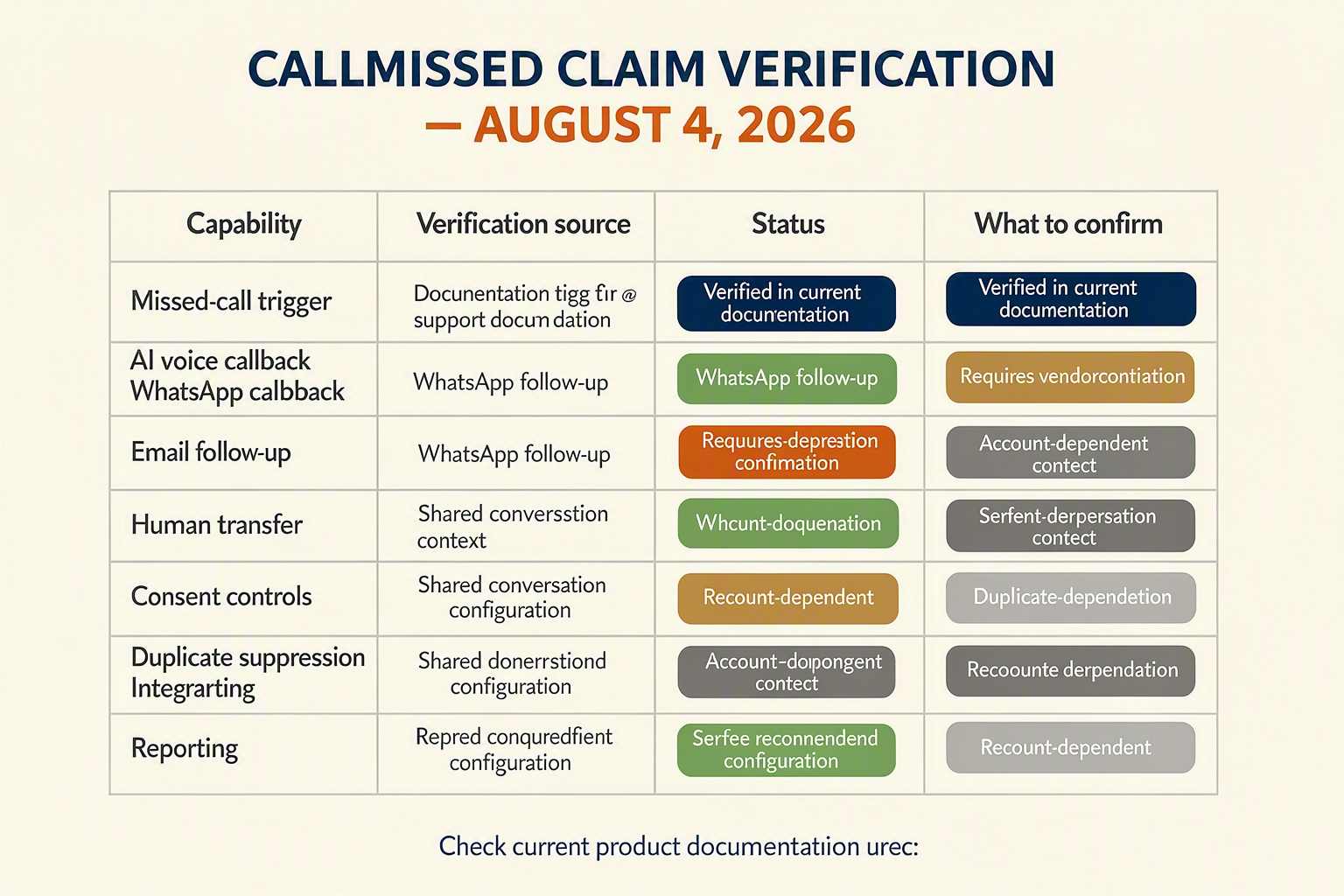 A structured evidence matrix infographic titled CALLMISSED CLAIM VERIFICATION — AUGUST 4, 2026