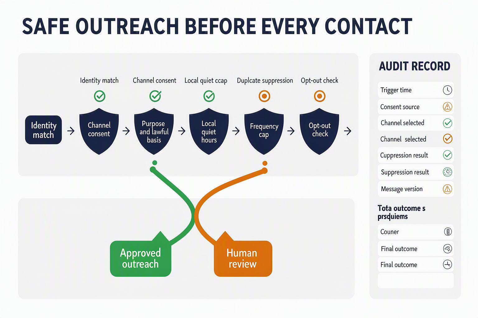 A layered control-gate infographic titled SAFE OUTREACH BEFORE EVERY CONTACT