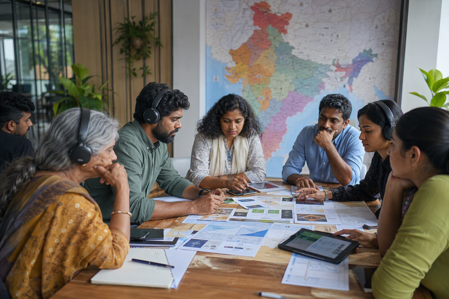 A collaborative language-discovery workshop in a bright Bengaluru office, with customer-support agents, regional sales
