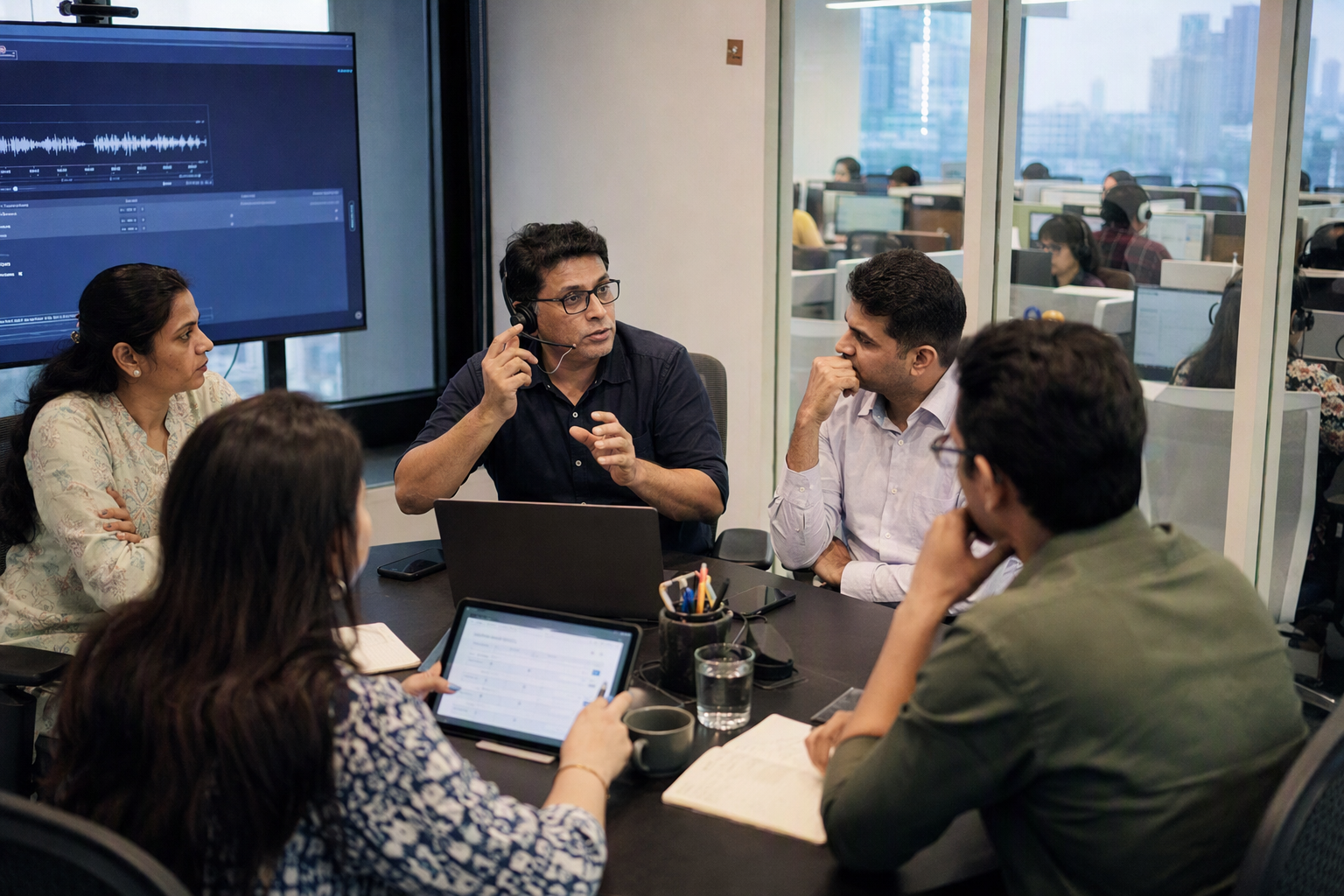 A governance review meeting in a sophisticated Mumbai operations room, where a contact-centre manager, regional language
