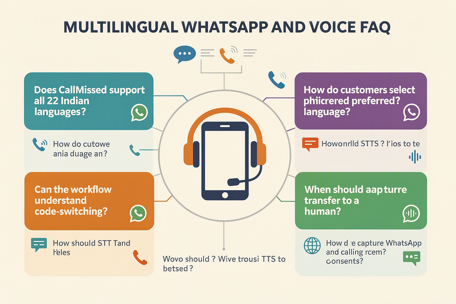 A clear FAQ knowledge hub titled MULTILINGUAL WHATSAPP AND VOICE FAQ arranged as six connected question cards around a