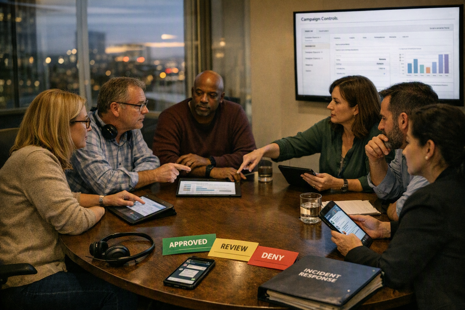 A multidisciplinary launch-review meeting in a glass-walled conference room at dusk
