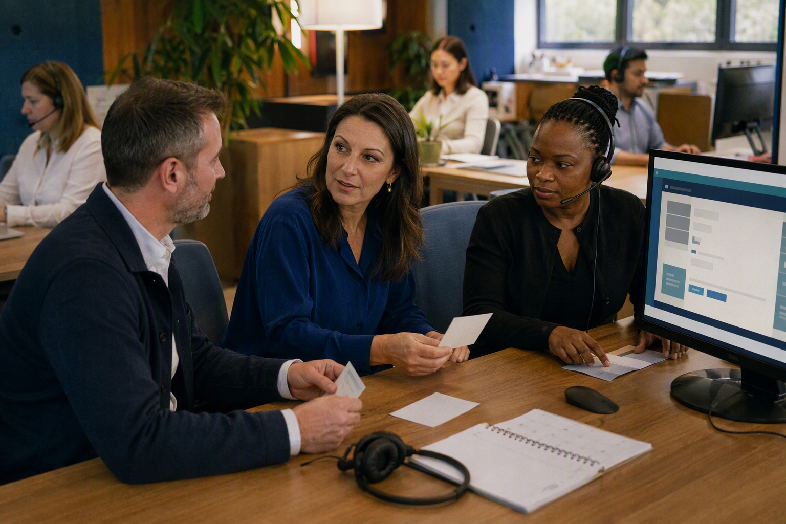 Inside a bright customer operations workspace, a campaign manager reviews permission-based use cases with a sales
