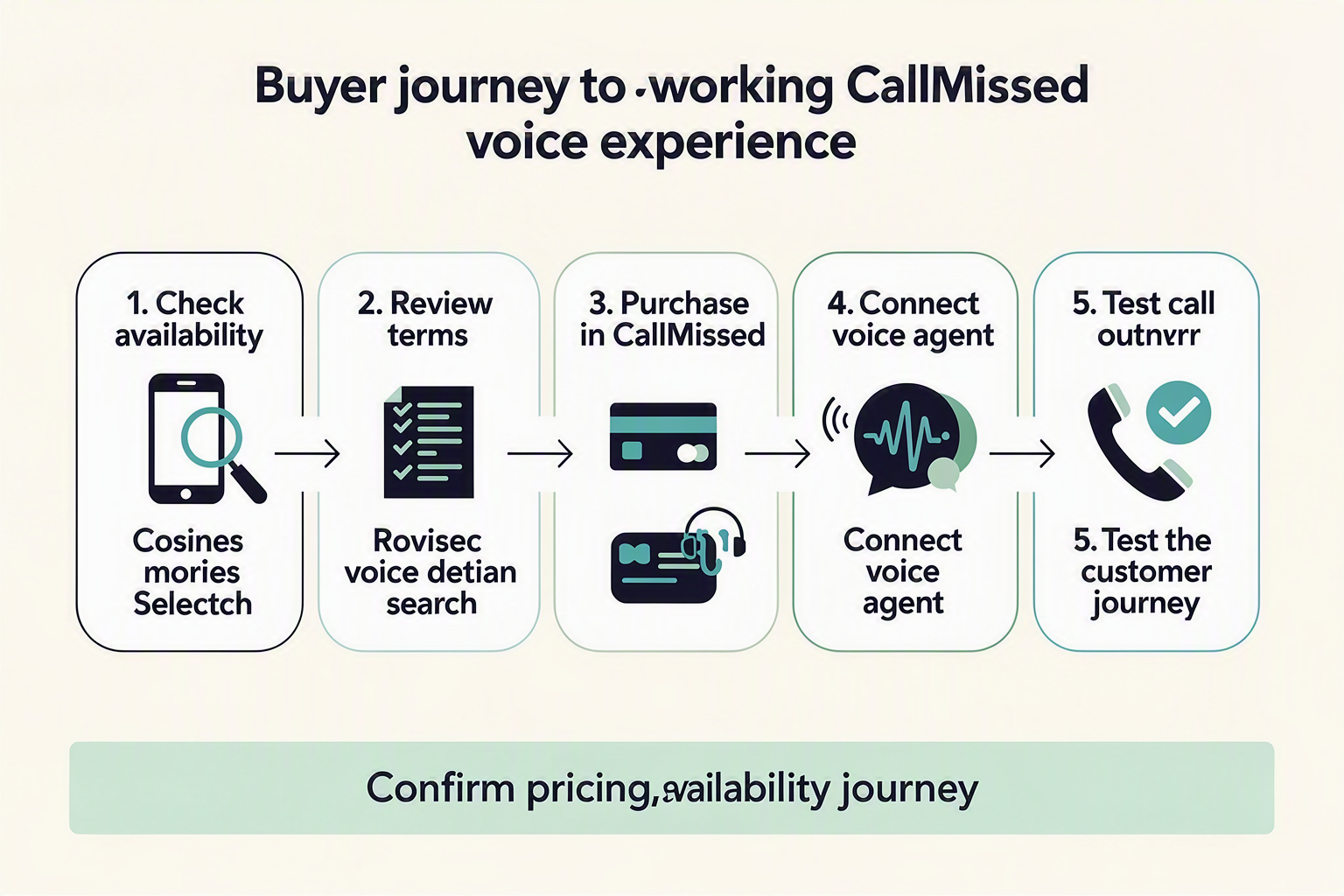 A clear five-step horizontal buyer journey infographic showing how a business moves from number selection to a working