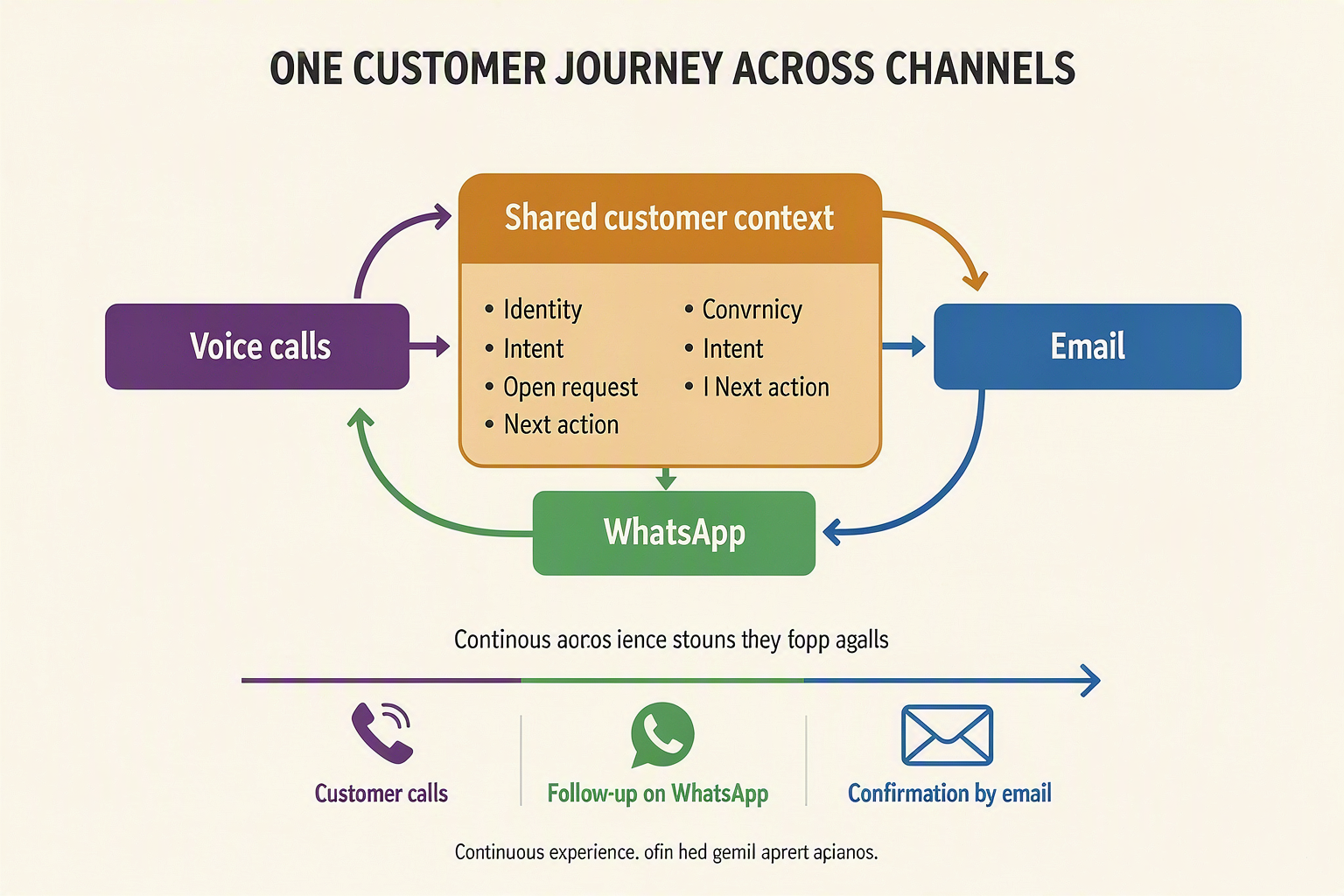 A hub-and-spoke customer-journey infographic titled ONE CUSTOMER JOURNEY ACROSS CHANNELS