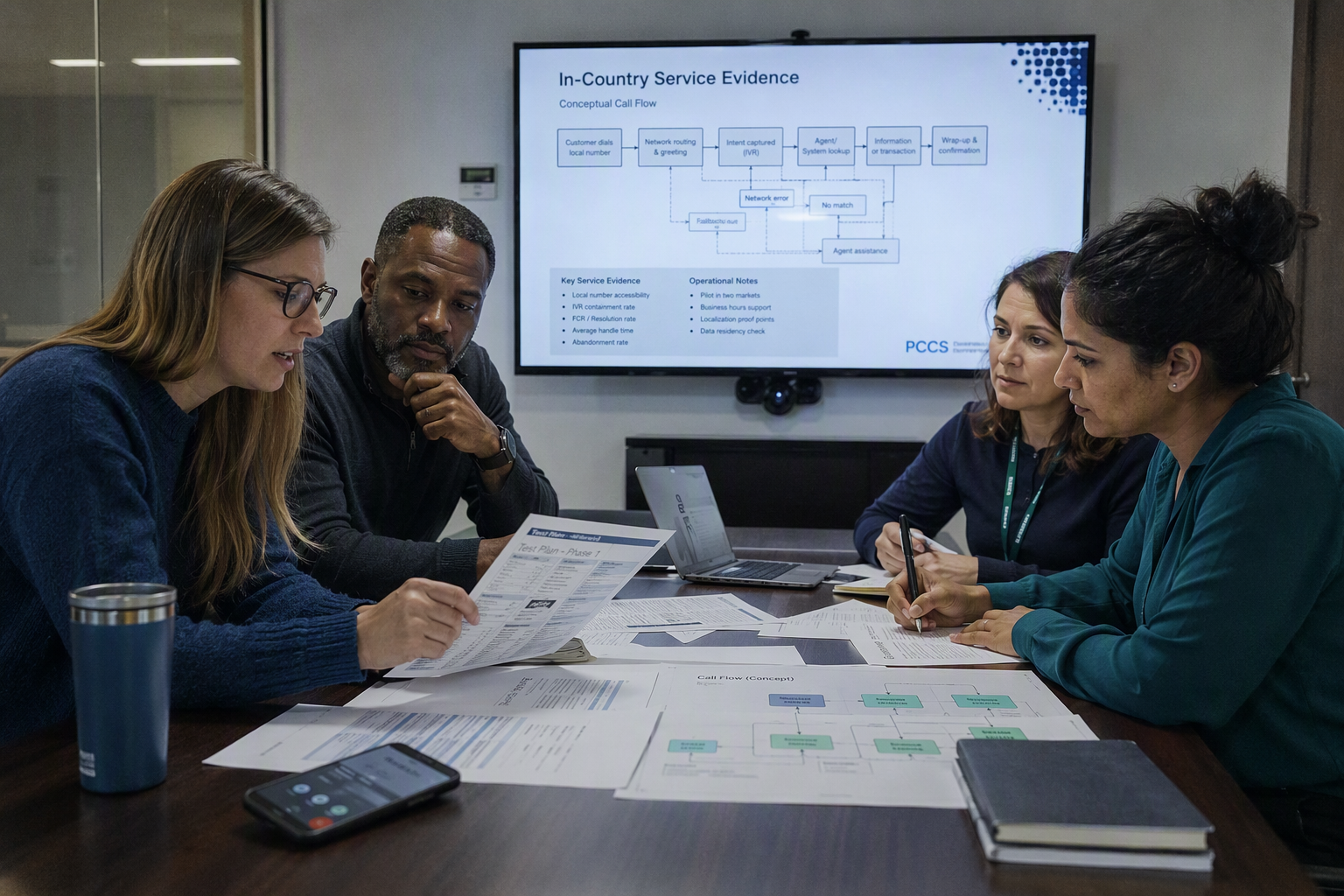A cross-functional buying review in a glass-walled meeting room, with a communications specialist, operations manager, IT