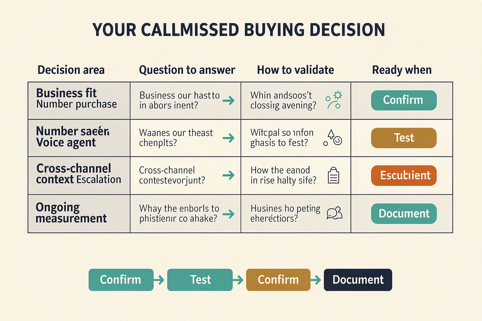 A decision scorecard infographic titled YOUR CALLMISSED BUYING DECISION with four columns labeled Decision area, Question to