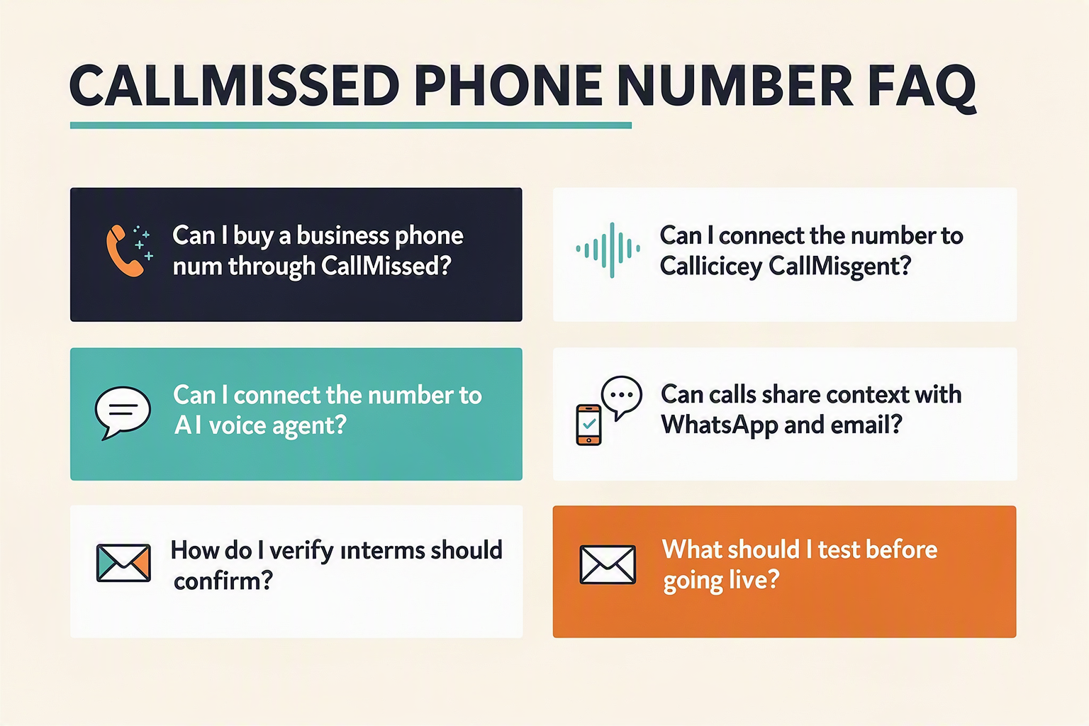 An FAQ infographic titled CALLMISSED PHONE NUMBER FAQ arranged as six clean question cards in a two-column grid