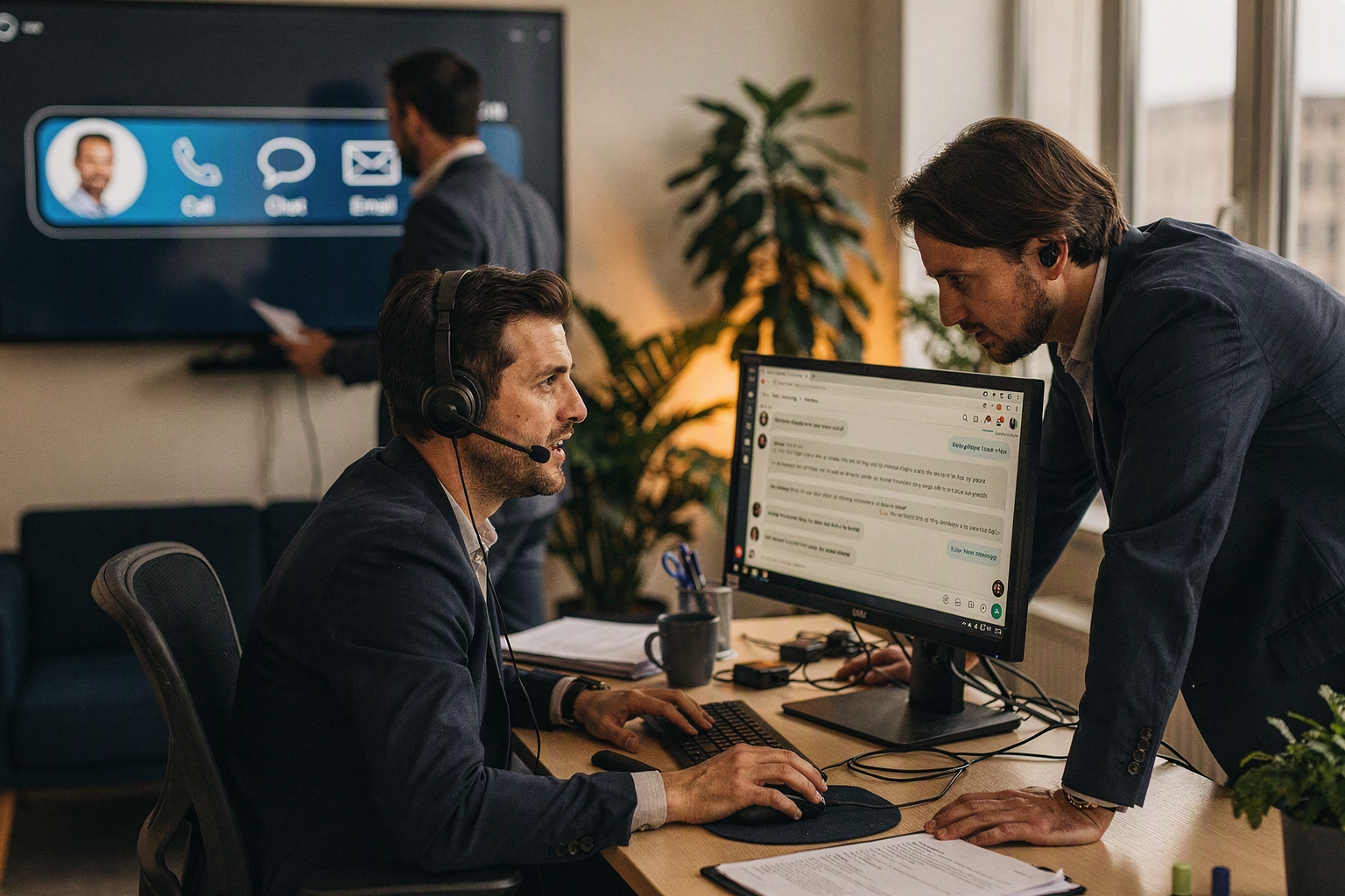 A customer-service operations team working together in a welcoming office during a busy afternoon