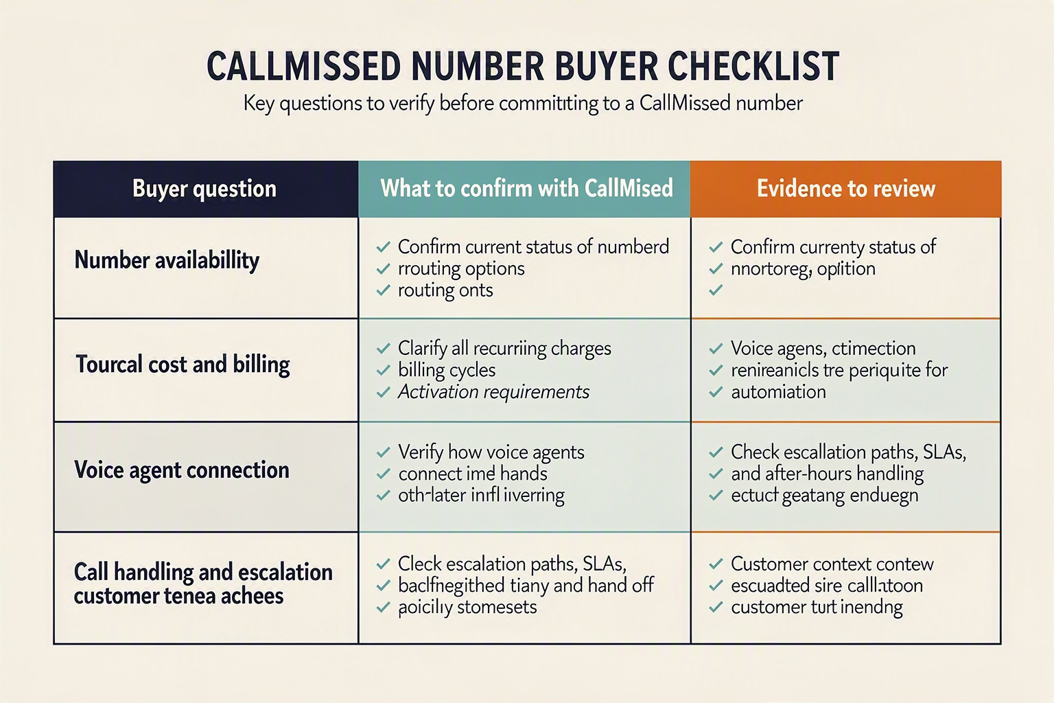 A polished buyer-verification matrix titled CALLMISSED NUMBER BUYER CHECKLIST with three columns labeled Buyer question,