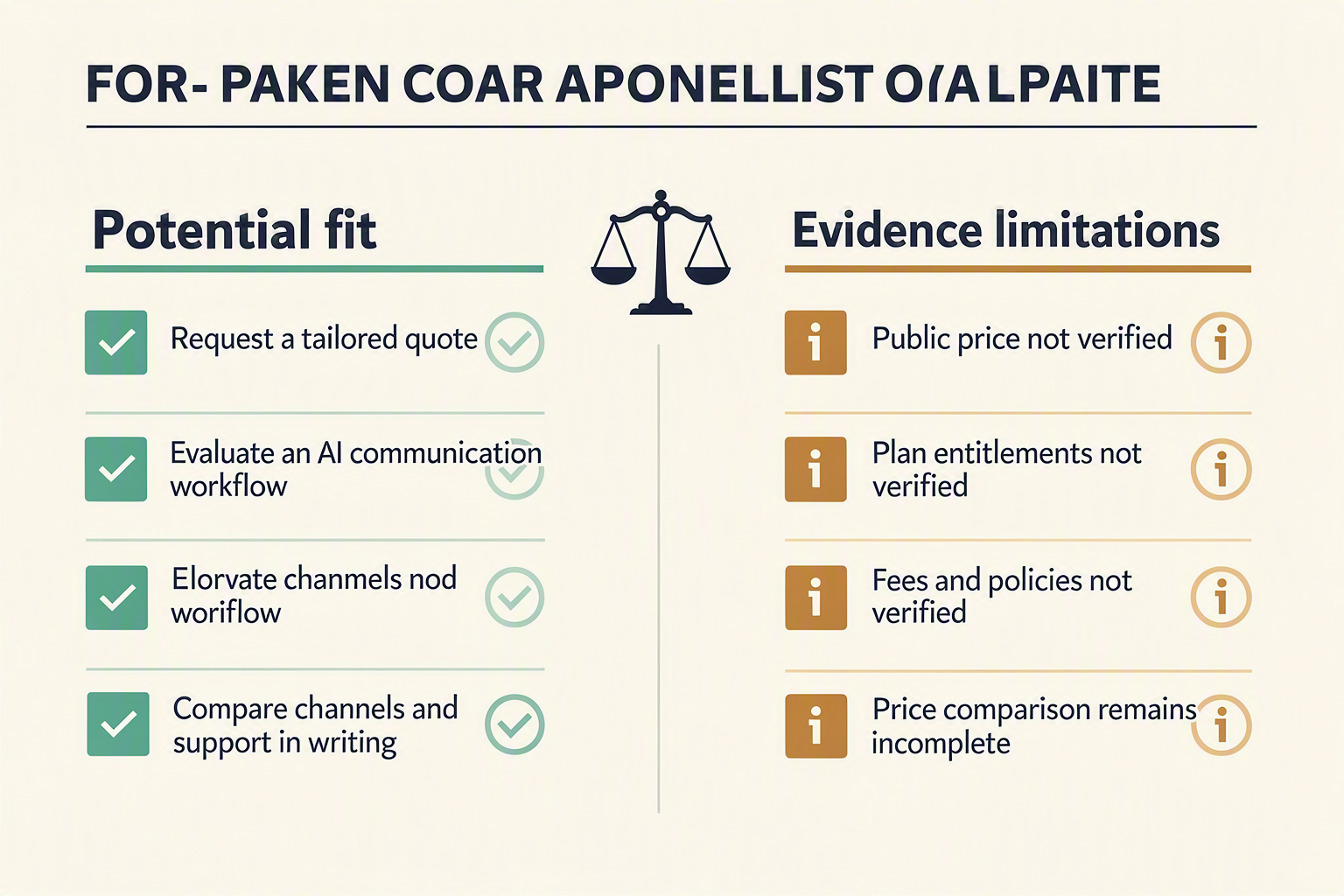 Design a balanced pros-and-cons infographic with two large columns labeled Potential fit and Evidence limitations