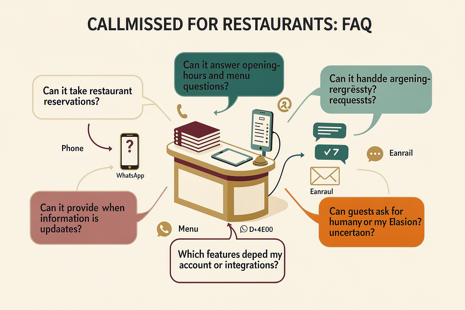 A friendly editorial infographic titled CALLMISSED FOR RESTAURANTS: FAQ with seven speech-bubble cards containing the exact