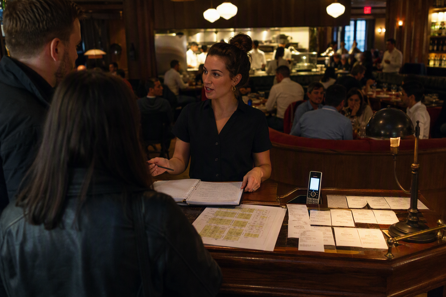 A restaurant host standing at a busy reception desk during peak dinner service, greeting an arriving couple while a phone