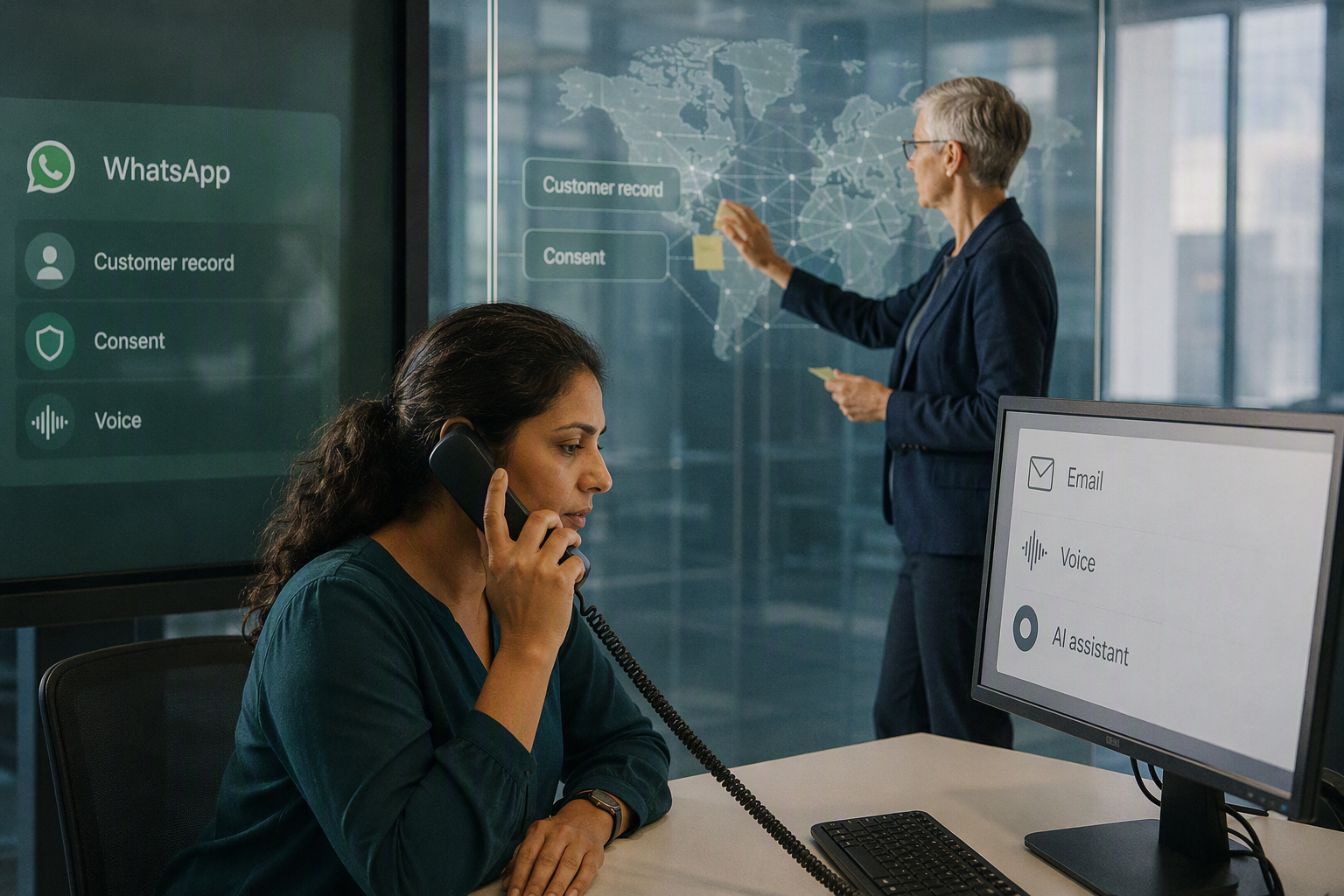 A split-level customer service operations room showing three distinct interactions converging into one governed customer