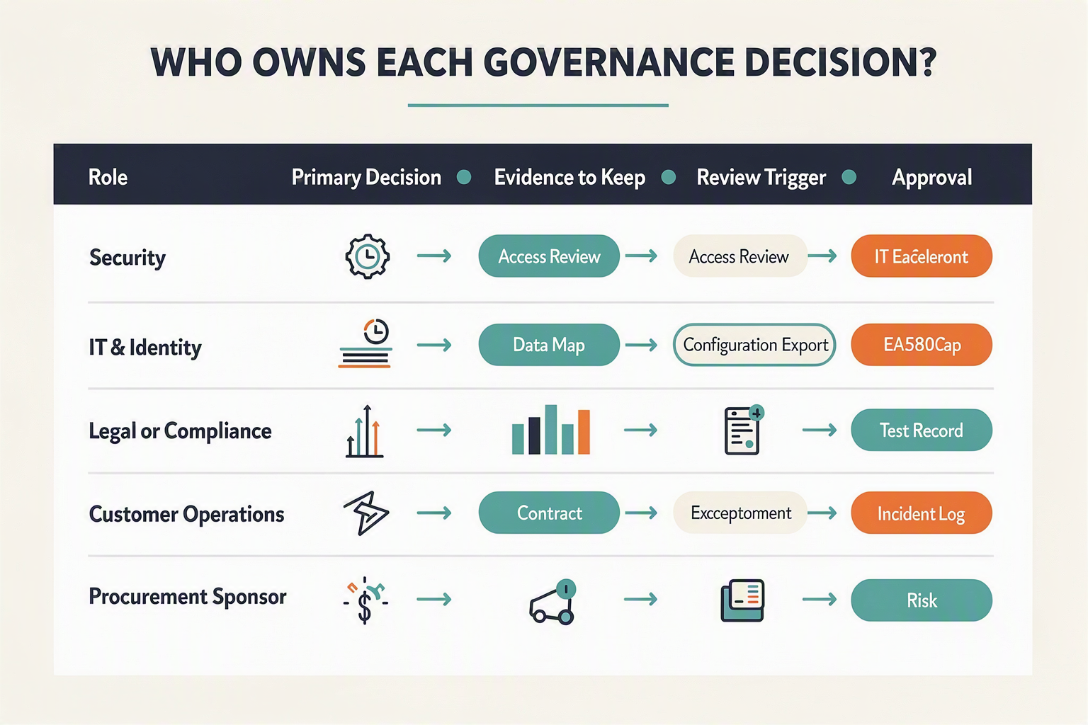 A responsibility matrix infographic titled WHO OWNS EACH GOVERNANCE DECISION?