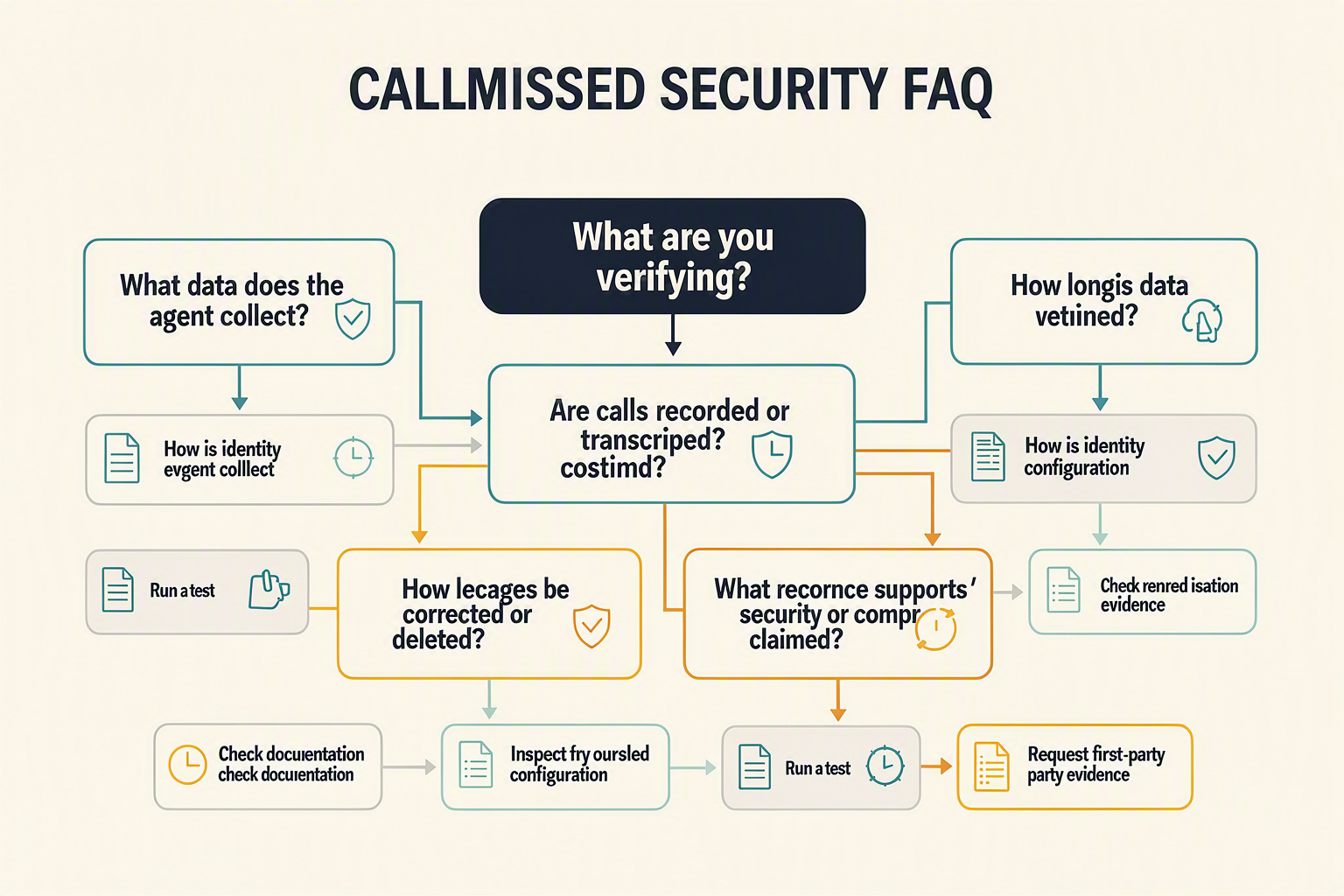 A question-and-answer decision-tree infographic titled CALLMISSED SECURITY FAQ