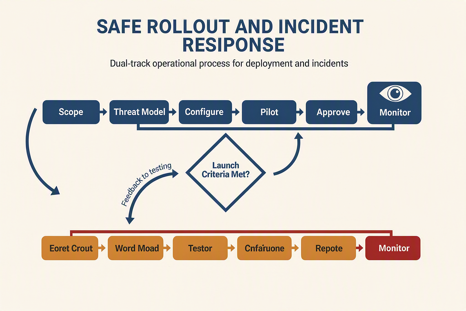 A dual-track process infographic titled SAFE ROLLOUT AND INCIDENT RESPONSE