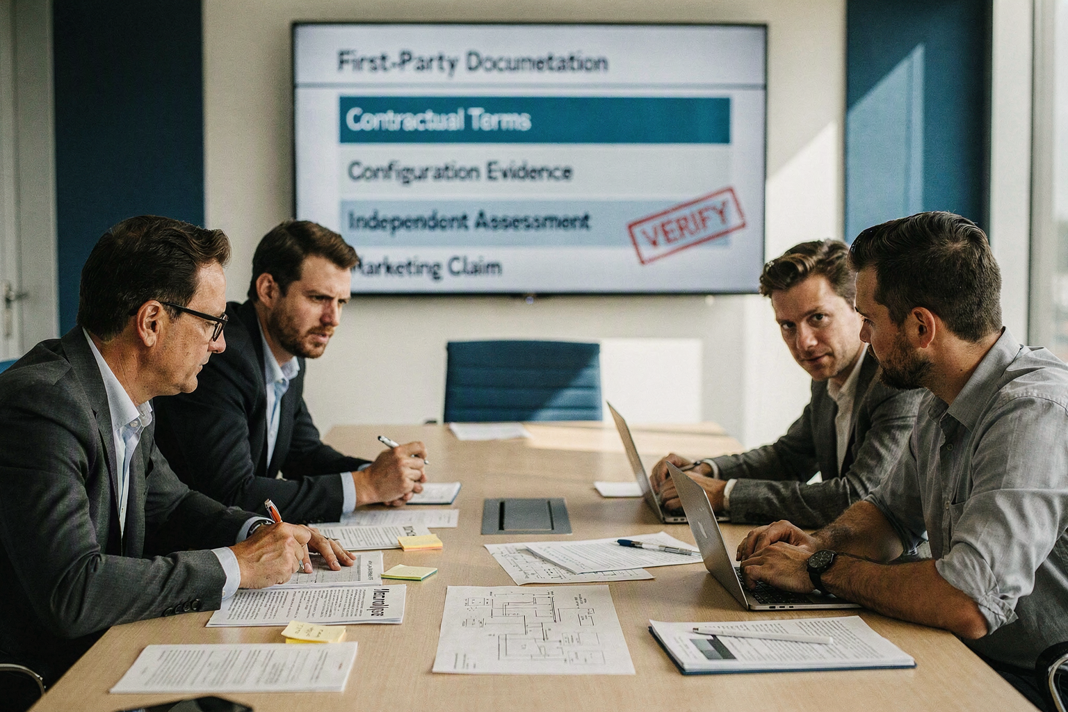 A procurement and security review meeting in a bright boardroom, with a privacy counsel, security engineer, operations lead,