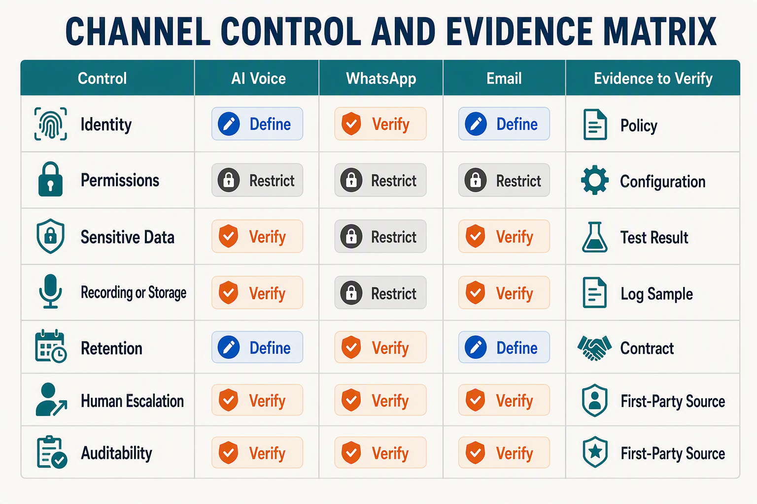 A precise matrix infographic titled CHANNEL CONTROL AND EVIDENCE MATRIX