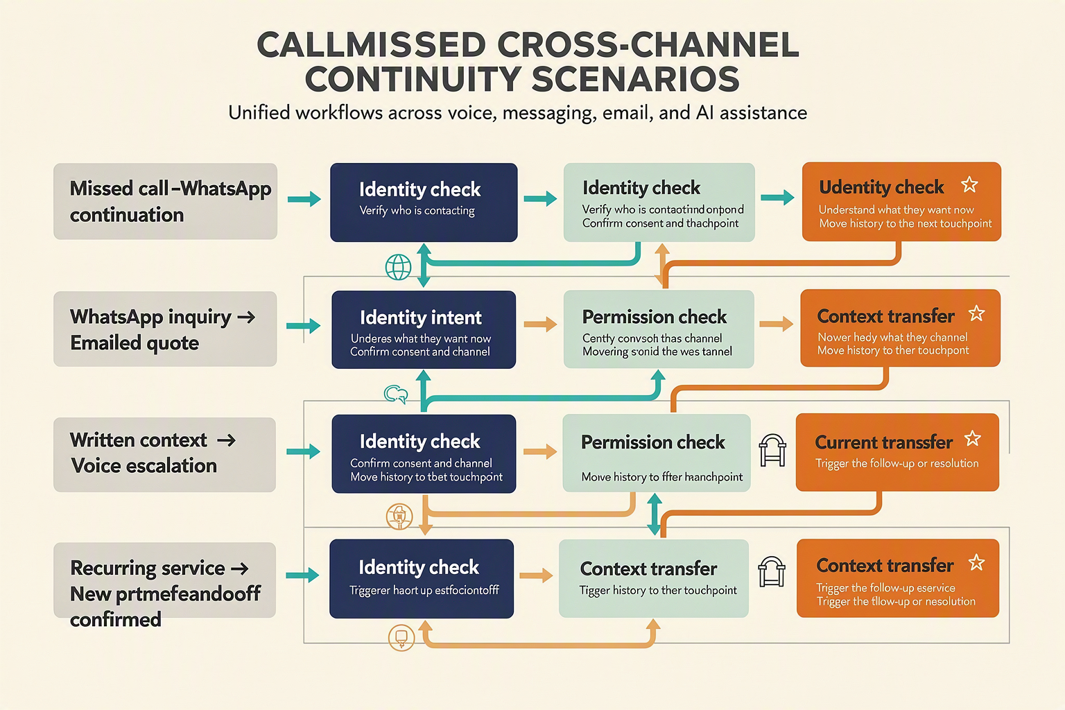 A five-lane workflow infographic titled CALLMISSED CROSS-CHANNEL CONTINUITY SCENARIOS