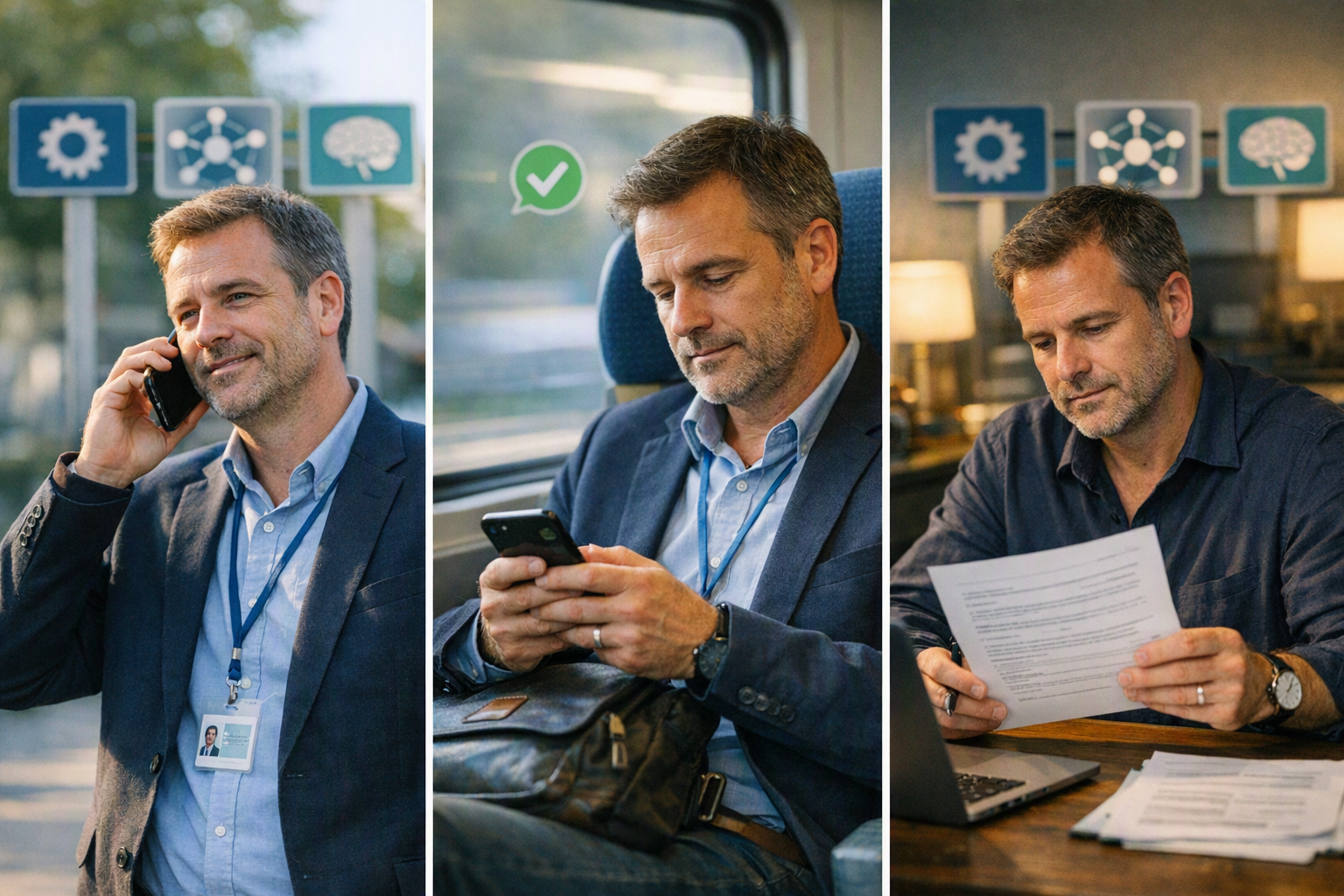 A business customer moving naturally between three moments in one day: speaking on a phone outside an office, continuing