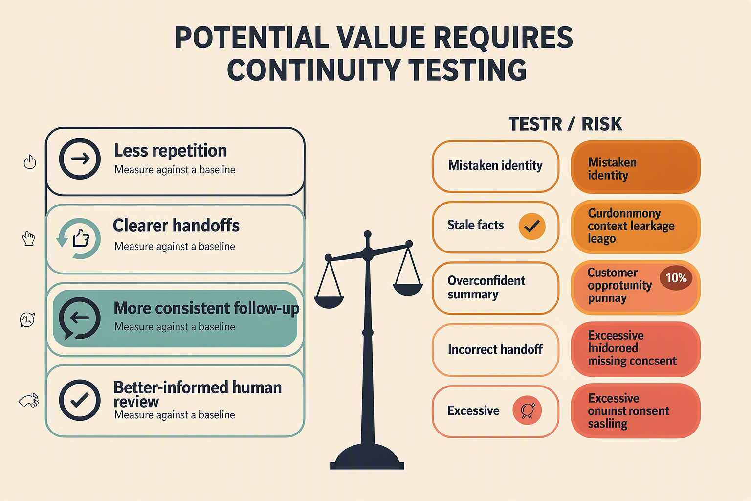 A risk-and-impact balance infographic titled POTENTIAL VALUE REQUIRES CONTINUITY TESTING