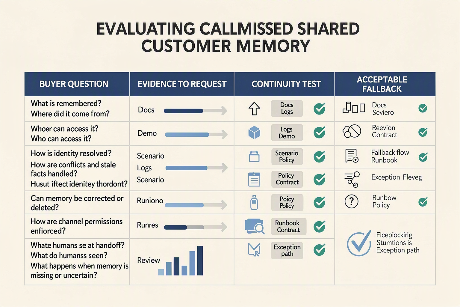 A procurement checklist infographic titled EVALUATING CALLMISSED SHARED CUSTOMER MEMORY formatted as a four-column table
