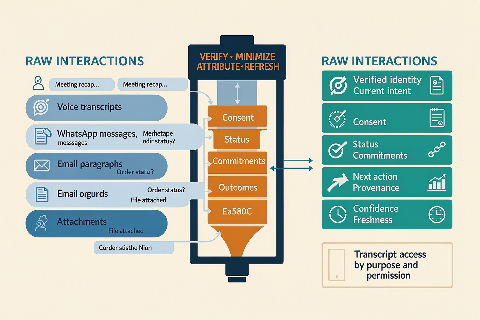 A two-part filtering infographic titled FROM CONVERSATION TO USEFUL CONTEXT