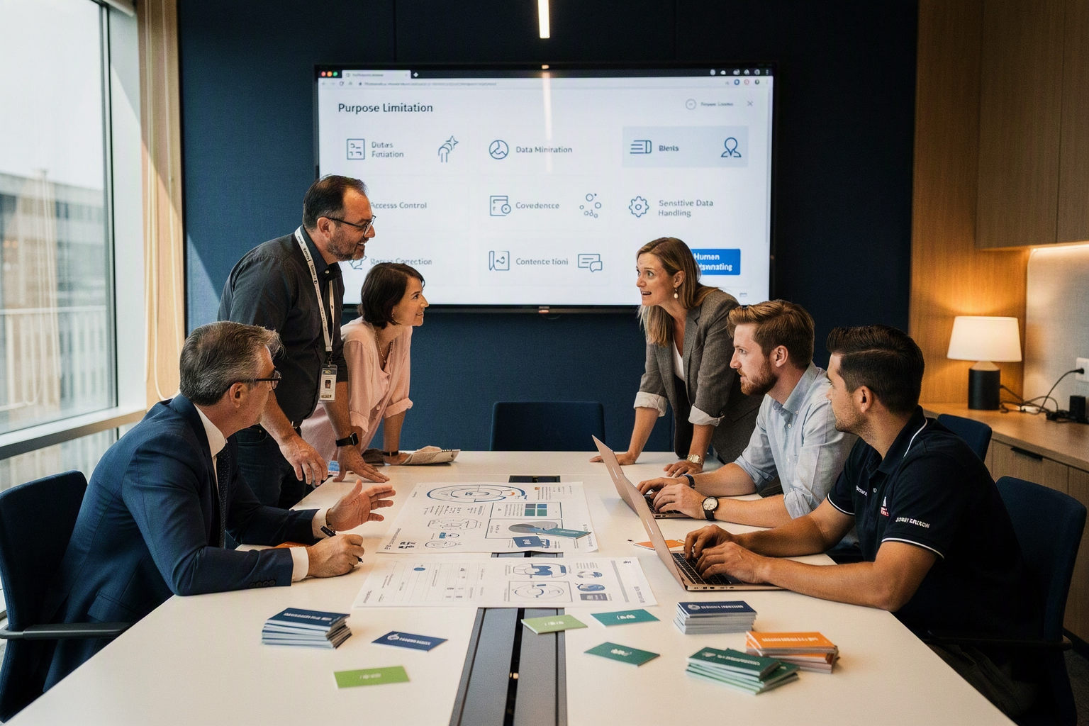 A cross-functional review workshop in a bright conference room where legal counsel, a security lead, a customer-service
