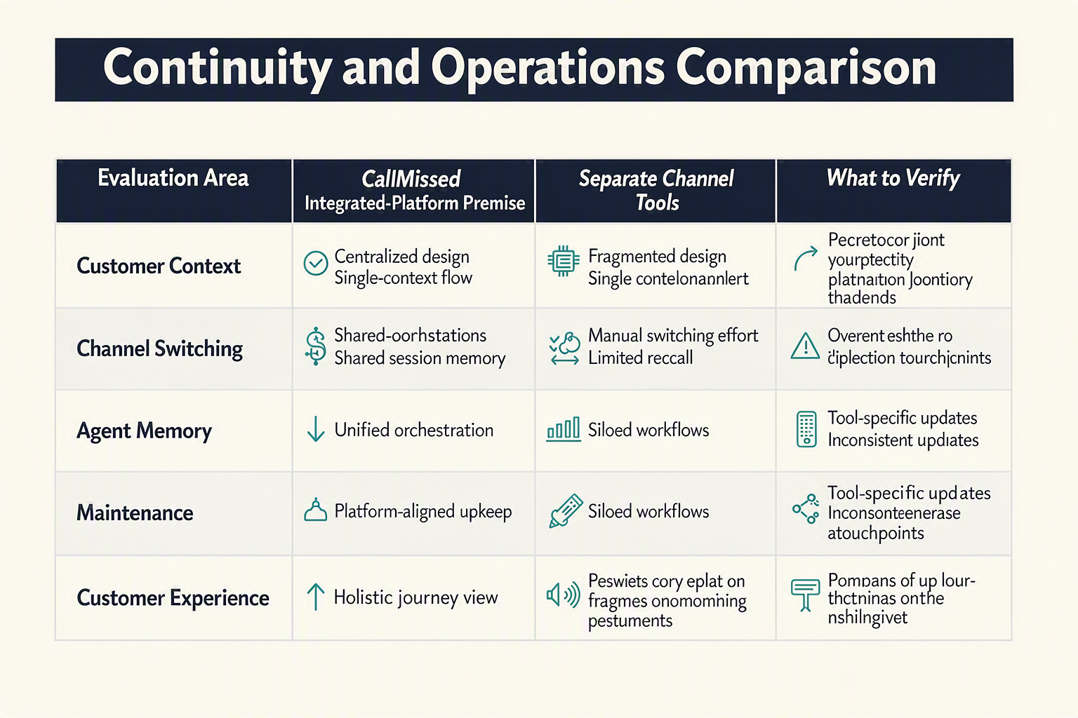 Evaluation Area शीर्षक वाले columns के साथ Continuity and Operations Comparison शीर्षक वाला एक विस्तृत editorial comparison matrix बनाएं,