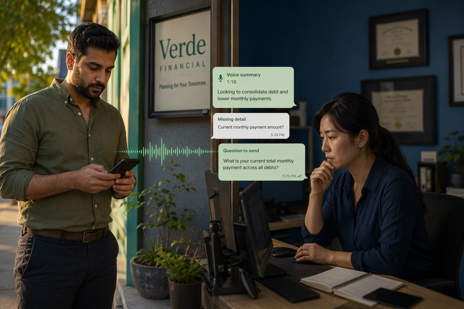 A prospective customer stands outside a small business after finishing a phone call and then opens WhatsApp to continue