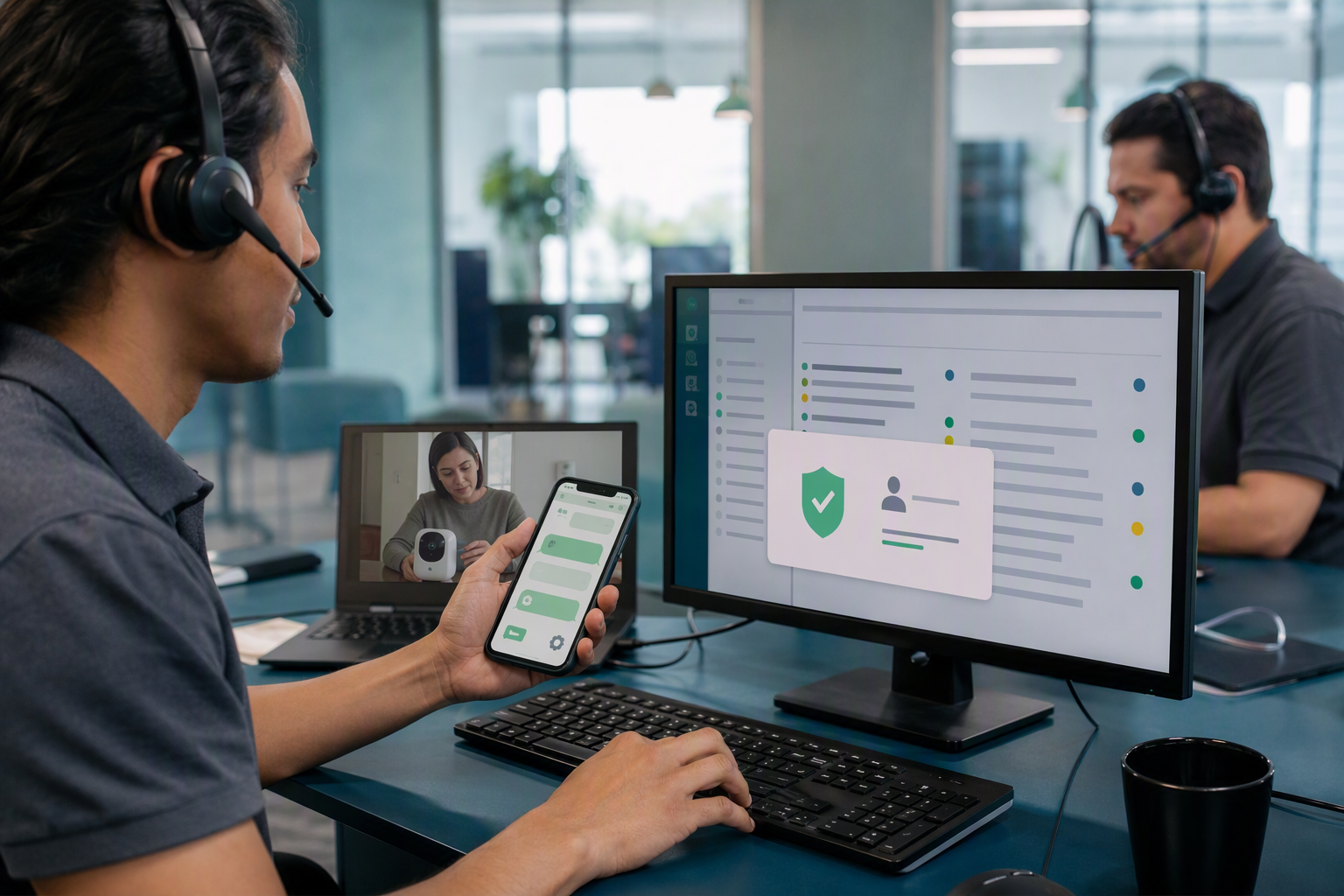 A support specialist in a bright service center reviews an email thread beside a WhatsApp conversation while a customer