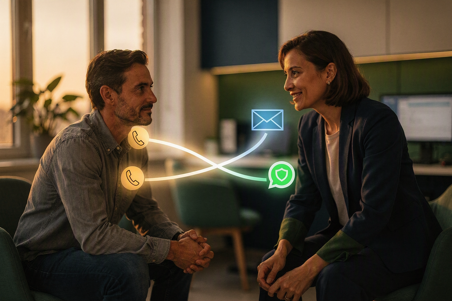 A customer and a human service advisor conclude a cross-channel conversation with relaxed, confident expressions