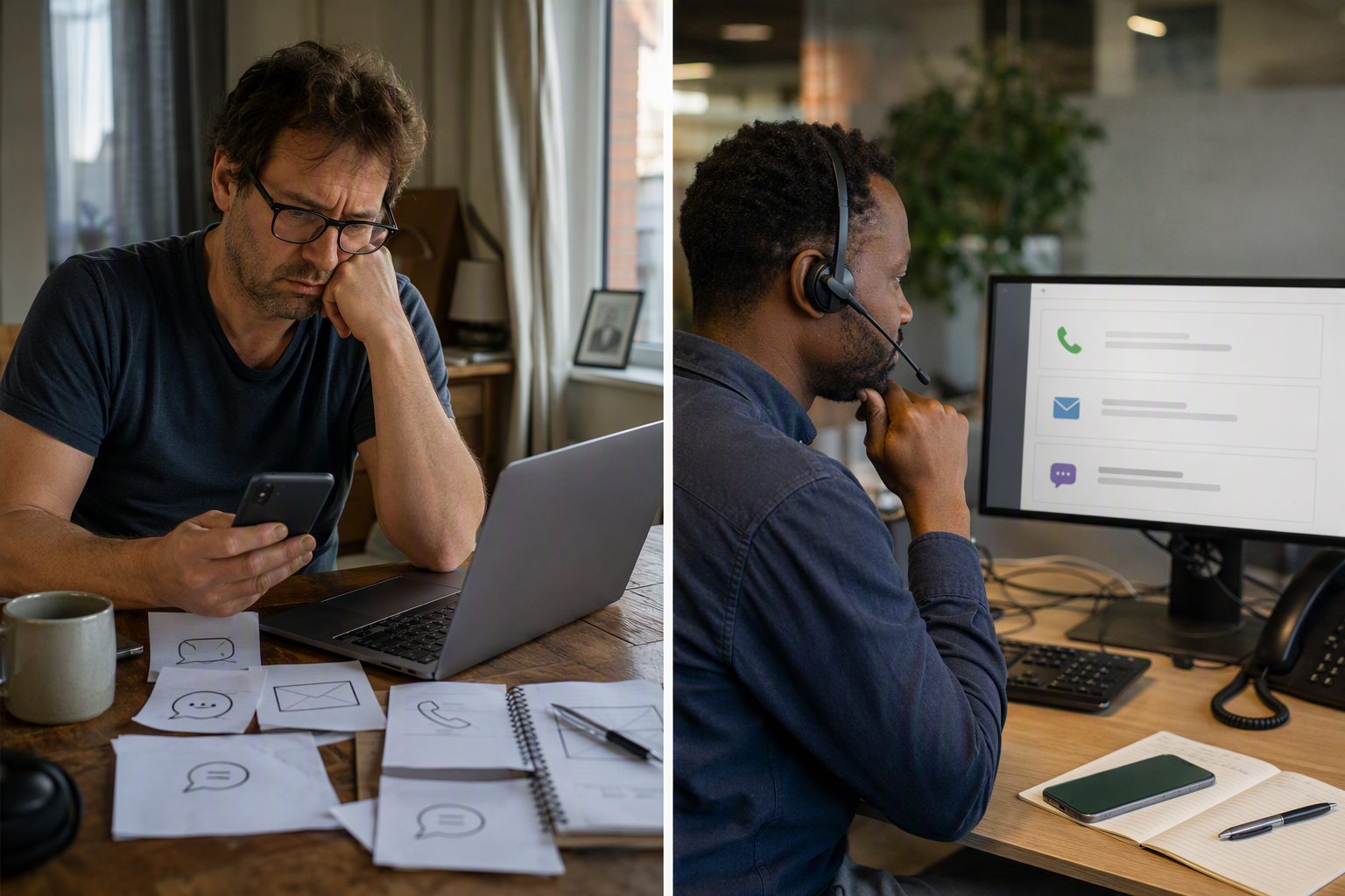 A split-screen customer-service scene showing two contrasting journeys