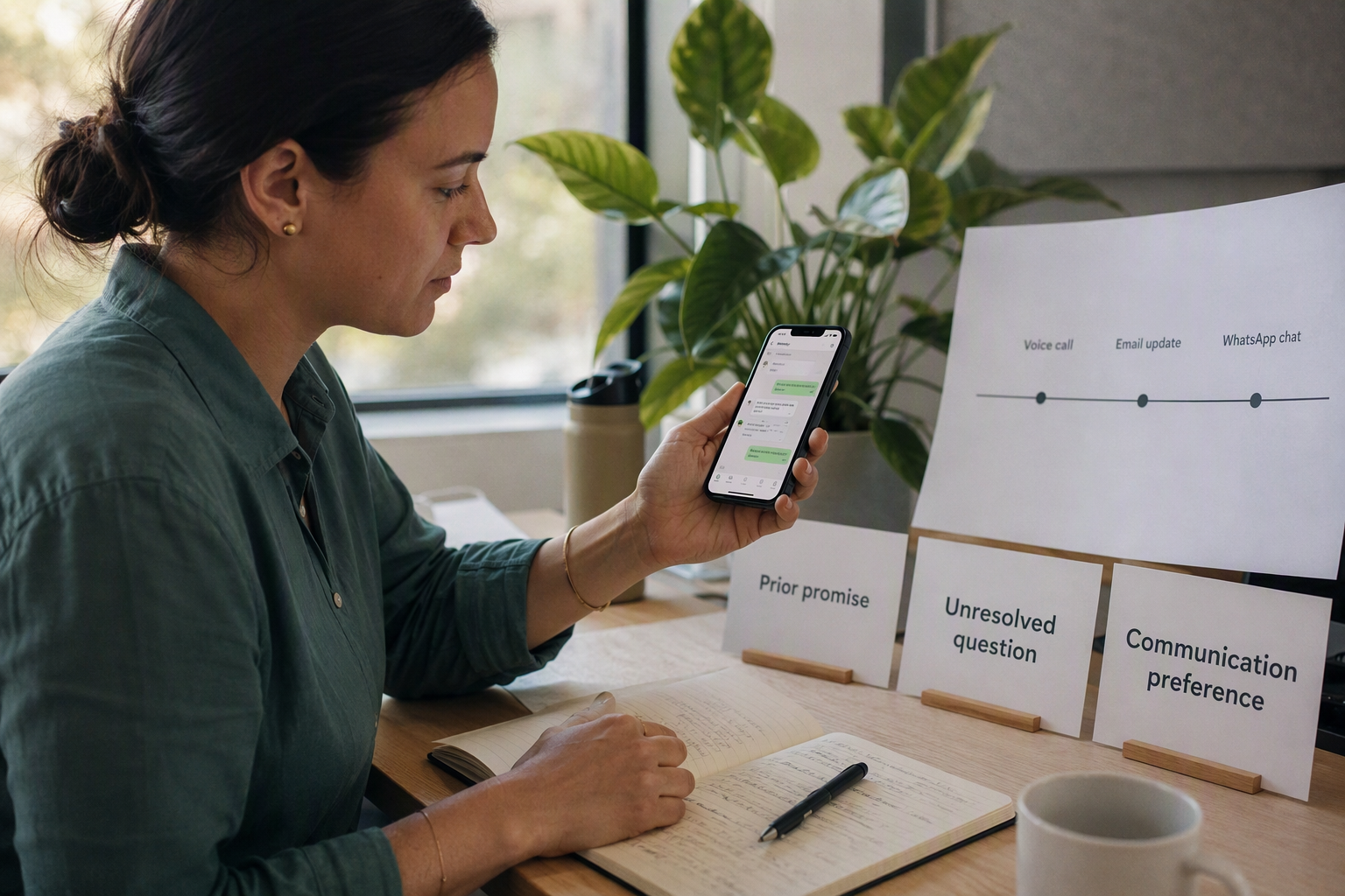 A customer success professional at a tidy desk reviews three context cards associated with an ongoing conversation: a prior