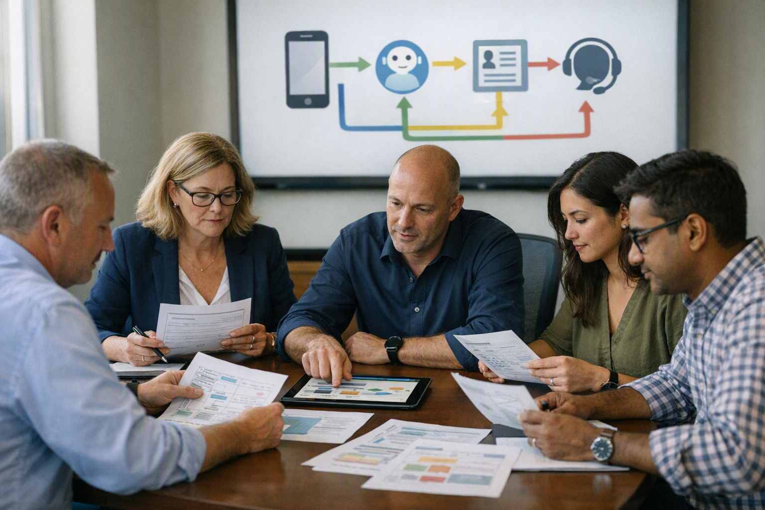 A multidisciplinary launch-review workshop in a bright conference room, featuring a contact-centre director, privacy