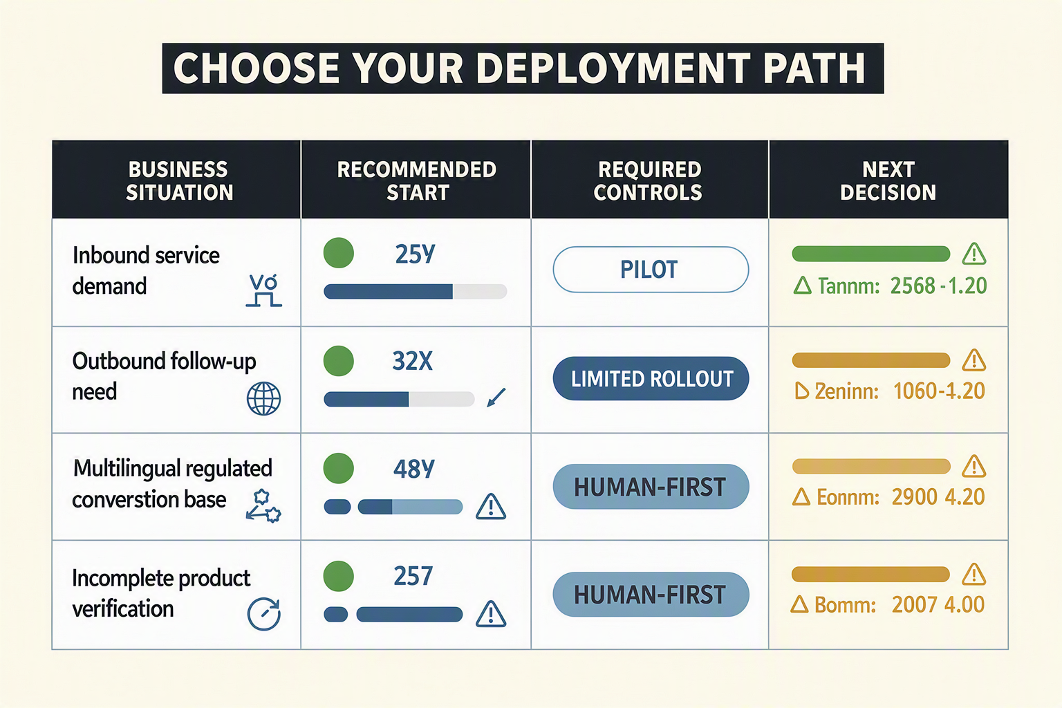 A decision table infographic titled CHOOSE YOUR DEPLOYMENT PATH with four columns labelled BUSINESS SITUATION, RECOMMENDED