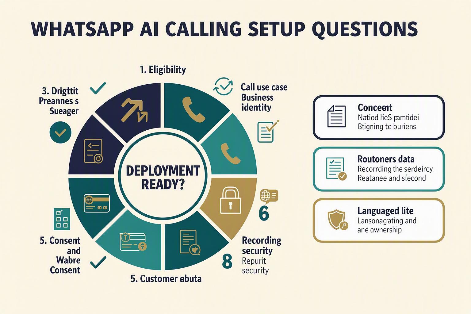 A large readiness-checklist infographic titled WHATSAPP AI CALLING SETUP QUESTIONS arranged as a circular eight-stage