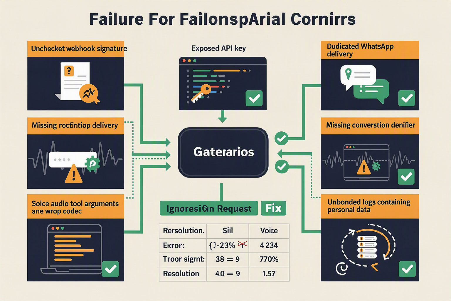 A diagnostic engineering infographic showing a central gateway surrounded by clearly illustrated failure scenarios: an