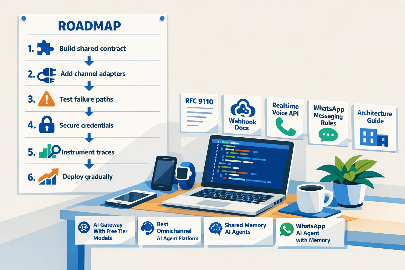 A forward-looking developer workspace showing a roadmap pinned beside a laptop and test devices