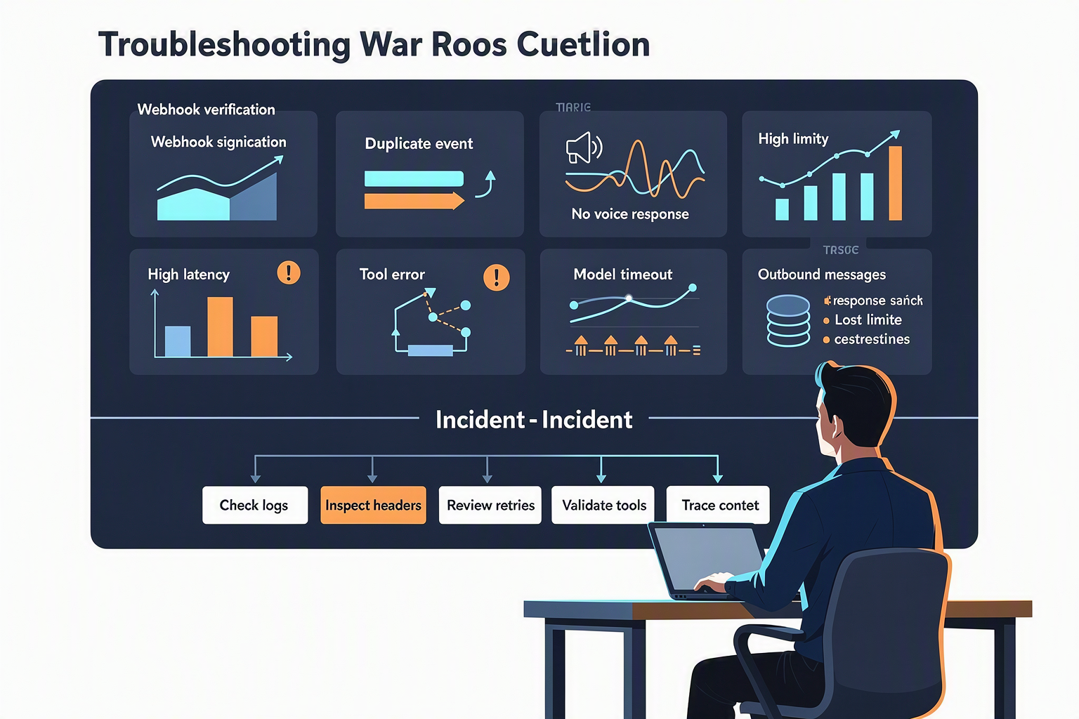 A calm troubleshooting war room with an engineer reviewing a multi-panel observability dashboard