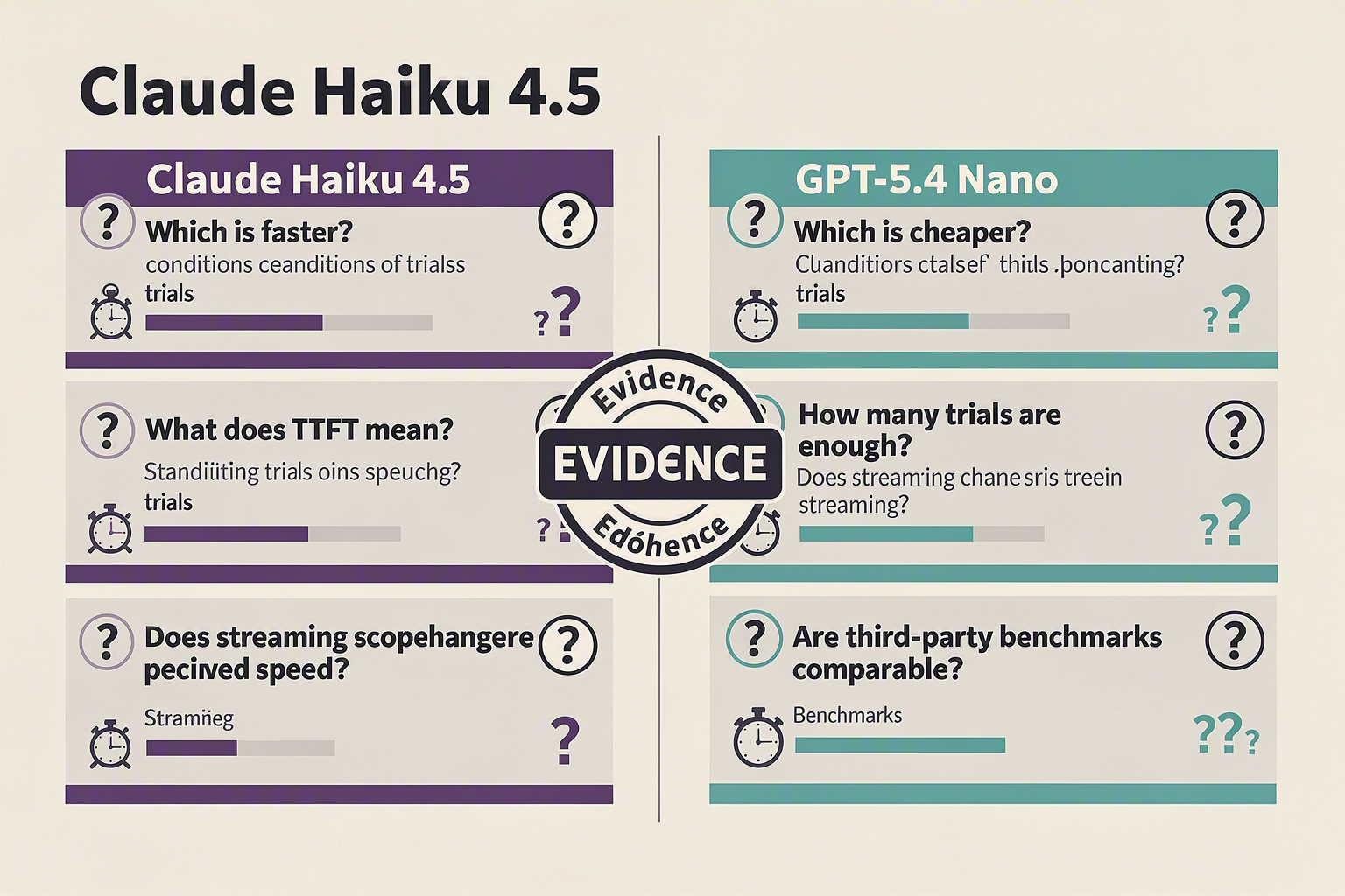 Create a compact FAQ infographic with two side-by-side model columns labeled Claude Haiku 4.5 and GPT-5.4 Nano and six