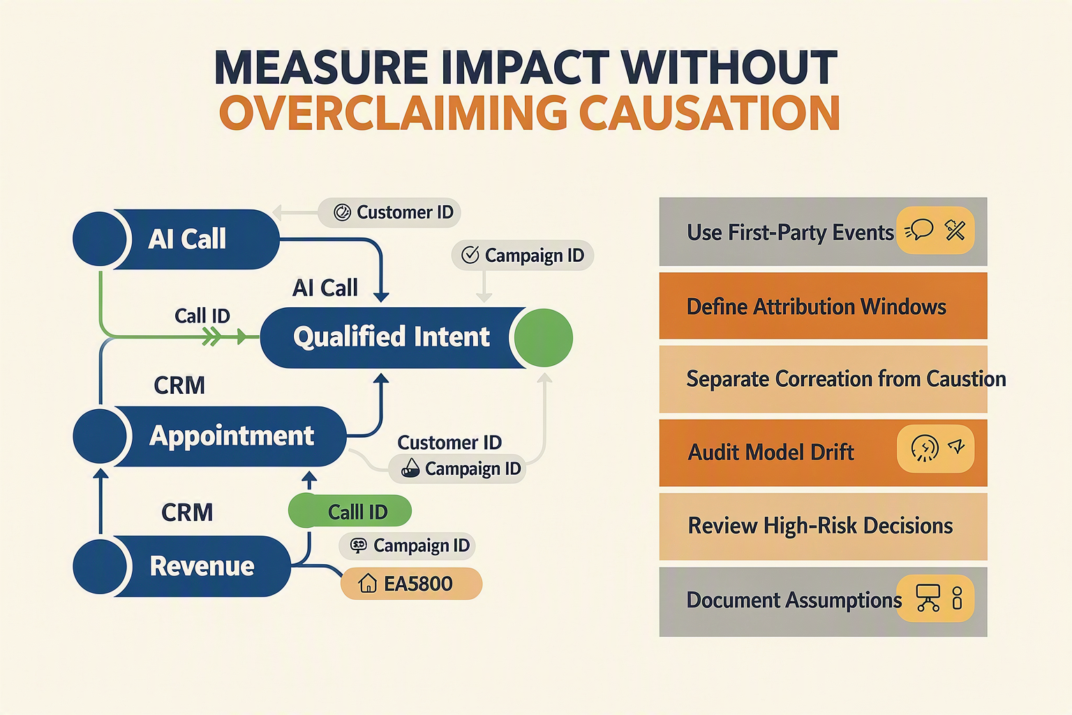 A dual-panel attribution and governance diagram titled MEASURE IMPACT WITHOUT OVERCLAIMING CAUSATION