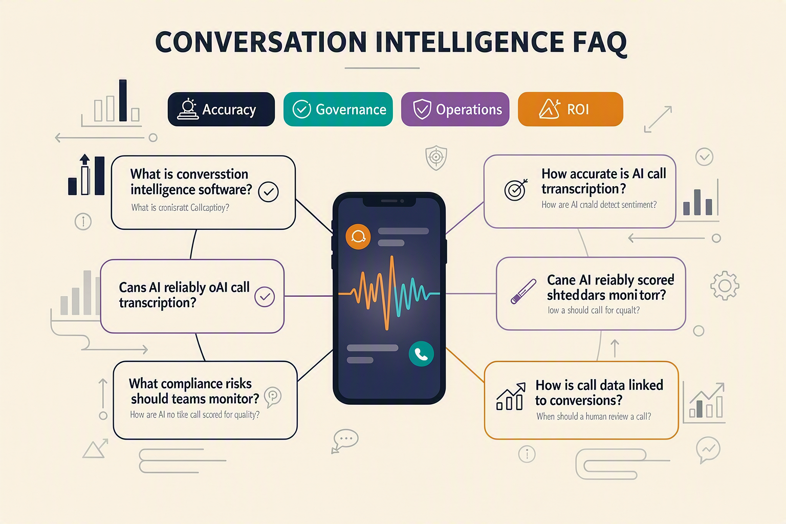 An organized FAQ knowledge map titled CONVERSATION INTELLIGENCE FAQ with eight rounded question cards radiating from a