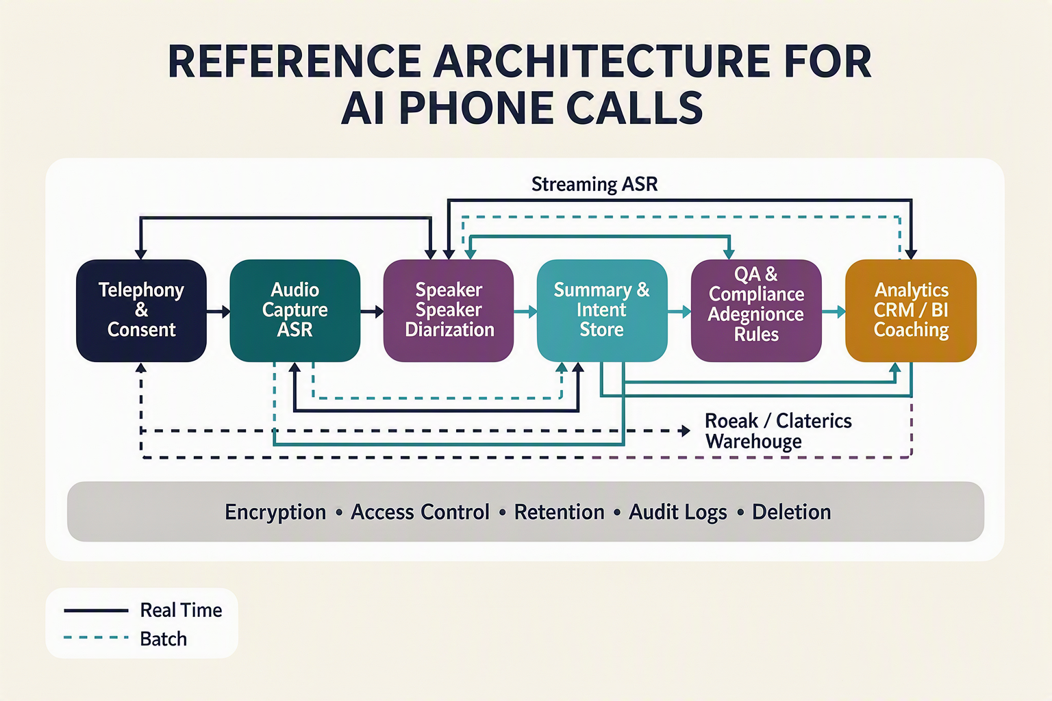 A left-to-right technical architecture diagram titled REFERENCE ARCHITECTURE FOR AI PHONE CALLS