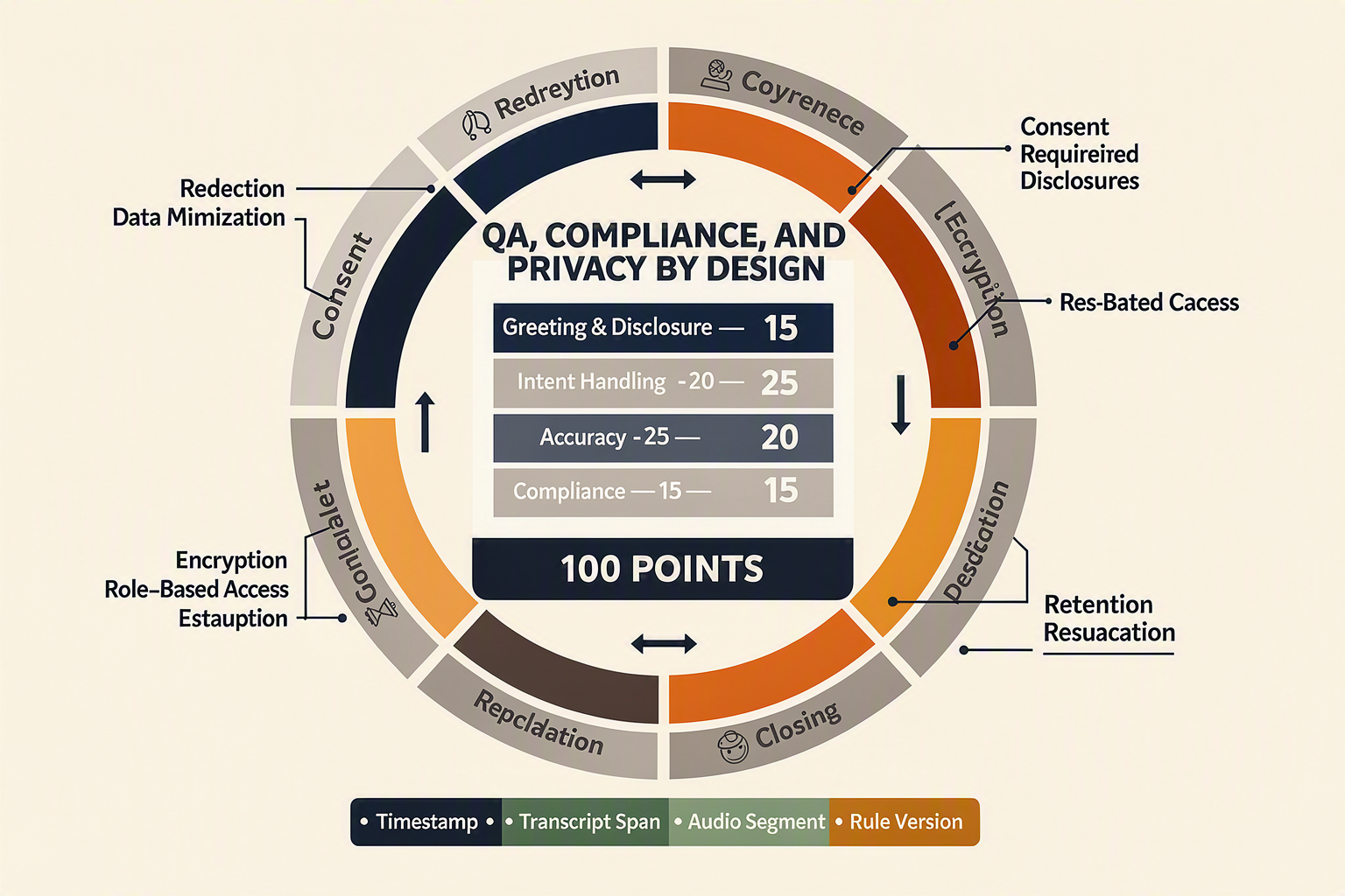 A layered governance blueprint titled QA, COMPLIANCE, AND PRIVACY BY DESIGN