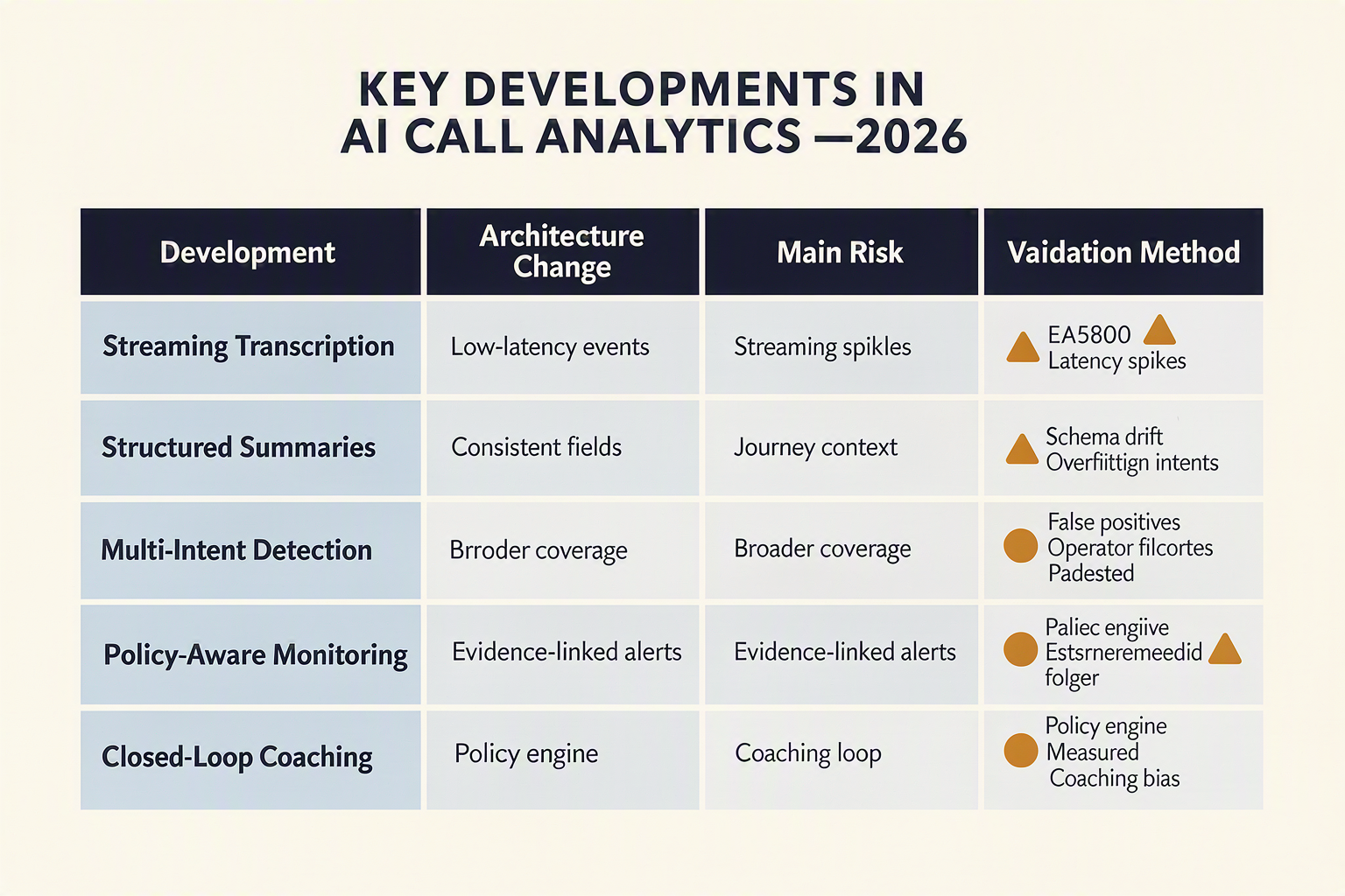 A polished comparison matrix titled KEY DEVELOPMENTS IN AI CALL ANALYTICS — 2026