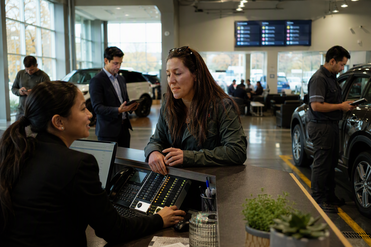 Inside a large automotive dealership during a busy weekday morning, show a receptionist handling a live customer, multiple