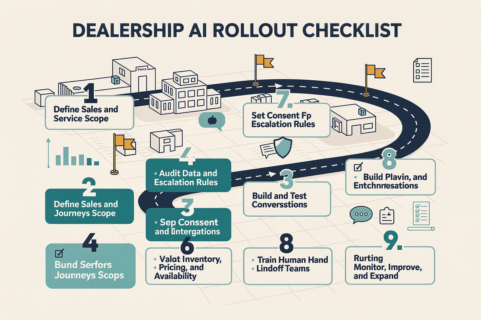 A nine-step implementation-roadmap infographic titled DEALERSHIP AI ROLLOUT CHECKLIST